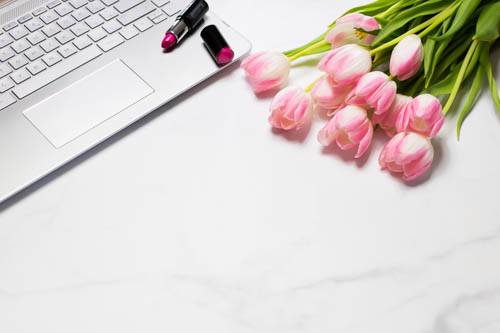 Stock photo black and white desk and notebook