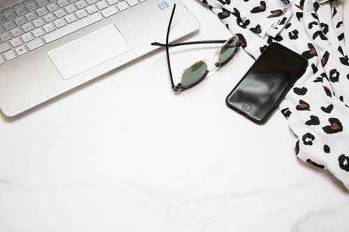 Stock photo black and white desk and notebook